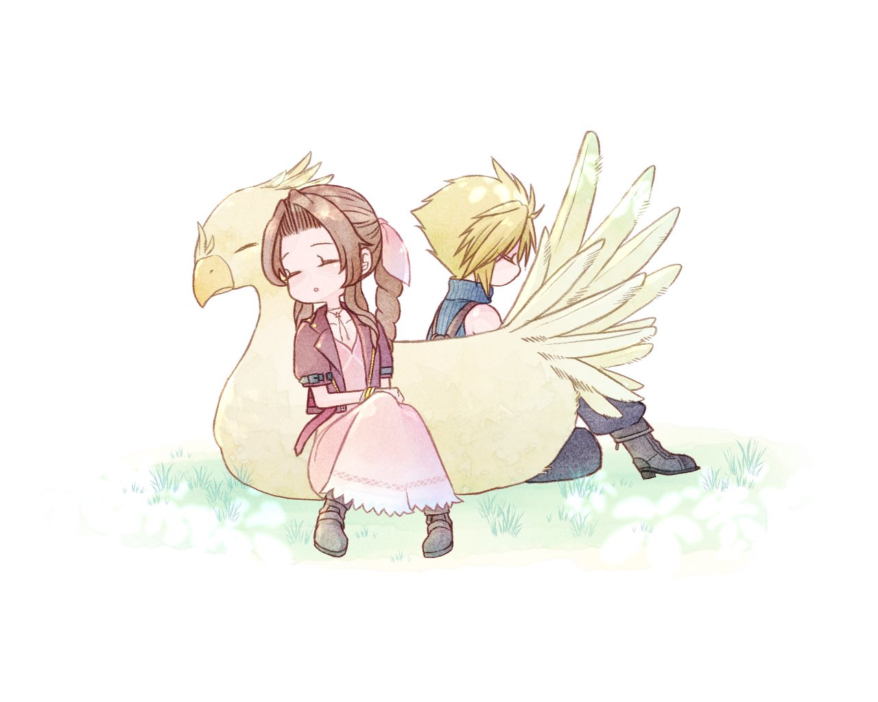 1boy, 1girl, aerith_gainsborough, bangs, blonde_hair, blue_pants, blue_shirt, bluelimbo8888, boots, braid, braided_ponytail, brown_footwear, brown_hair, chibi, chocobo, choker, closed_eyes, cloud_strife, dress, final_fantasy, final_fantasy_vii, final_fantasy_vii_remake, flower_choker, full_body, hair_ribbon, jacket, long_dress, long_hair, outdoors, pants, parted_bangs, pink_dress, pink_ribbon, red_jacket, ribbon, shirt, short_hair, short_sleeves, sidelocks, sitting, sleeping, sleeveless, sleeveless_turtleneck, spiky_hair, suspenders, turtleneck