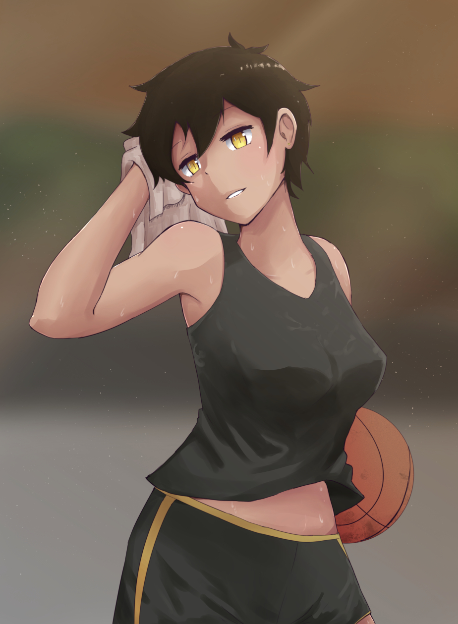 1girl, androgynous, armpits, ball, bangs, bare_shoulders, basketball, basketball_uniform, black_hair, black_shorts, black_tank_top, blurry, blurry_background, breasts, collarbone, commentary, cowboy_shot, dark-skinned_female, dark_skin, depth_of_field, drying, earrings, hair_between_eyes, head_tilt, highres, holding, holding_ball, holding_towel, jewelry, kurobe_natsumi_(shiromanta), large_breasts, light_blush, light_particles, light_smile, looking_at_viewer, midriff, midriff_peek, parted_lips, senpai_ga_uzai_kouhai_no_hanashi, short_hair, short_shorts, shorts, single_vertical_stripe, slit_pupils, smile, solo, sportswear, sweat, sweating_profusely, tank_top, tomboy, towel, very_short_hair, vladitsvar, wiping_sweat, yellow_eyes