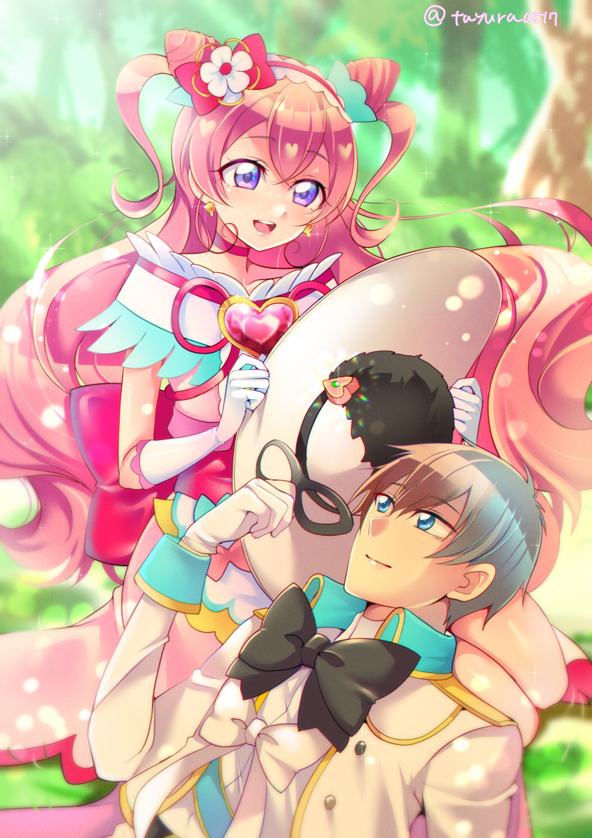 1boy, 1girl, :d, absurdres, black_bow, black_mask, black_pepper_(precure), blue_eyes