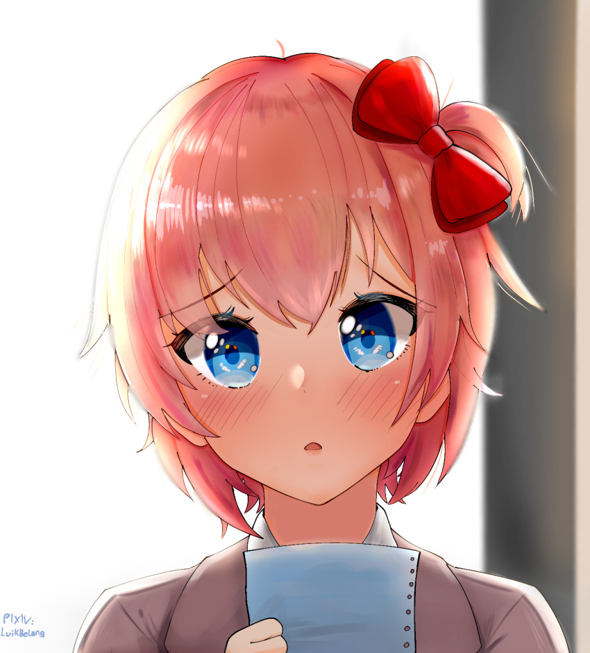 1girl, artist_name, bangs, blazer, blue_eyes, blush, bow, brown_jacket