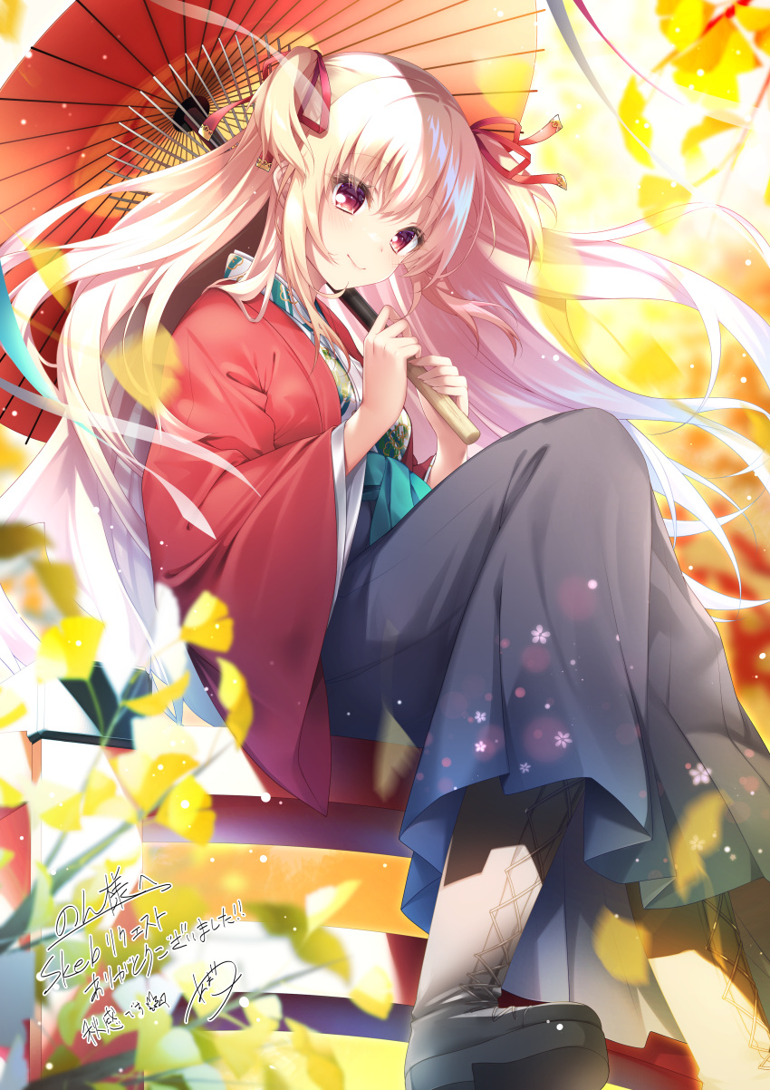 1girl, absurdres, amatsuji, autumn, autumn_leaves, bangs, black_footwear, blonde_hair, blue_kimono, blush, commission, falling_leaves, fringe_trim, full_body, hair_between_eyes, hair_ribbon, highres, holding, holding_umbrella, japanese_clothes, kimono, leaf, lips, long_hair, long_sleeves, looking_down, multicolored_clothes, multicolored_kimono, oil-paper_umbrella, original, raised_eyebrows, red_eyes, red_kimono, red_ribbon, ribbon, sidelocks, sitting, sitting_on_bench, skeb_commission, smile, sunlight, taishou, twintails, two_side_up, umbrella, white_hair, wide_sleeves
