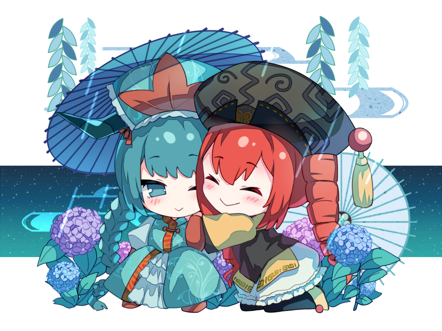 2girls, ;>, akinomiya_asuka, aqua_dress, aqua_eyes, aqua_hair, aqua_headwear, bangs