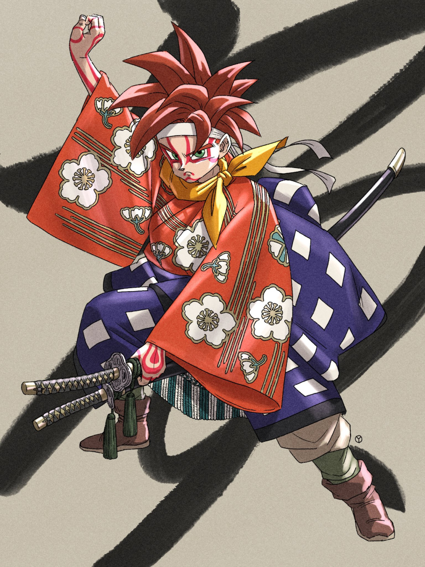 1boy, alternate_costume, bangs, blue_eyes, bodypaint, brown_footwear, calligraphy, chrono_trigger