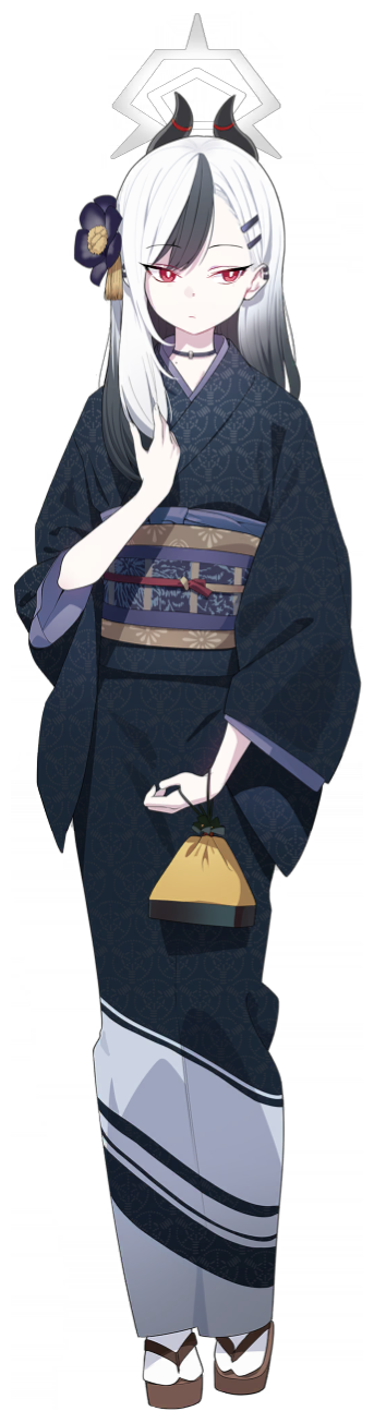 black_hair, blue_archive, ear_piercing, halo, highres, japanese_clothes, kayoko_(blue_archive), kayoko_(new_year)_(blue_archive), kimono, multicolored_hair, official_art, piercing, red_eyes, tachi-e, transparent_background, white_hair