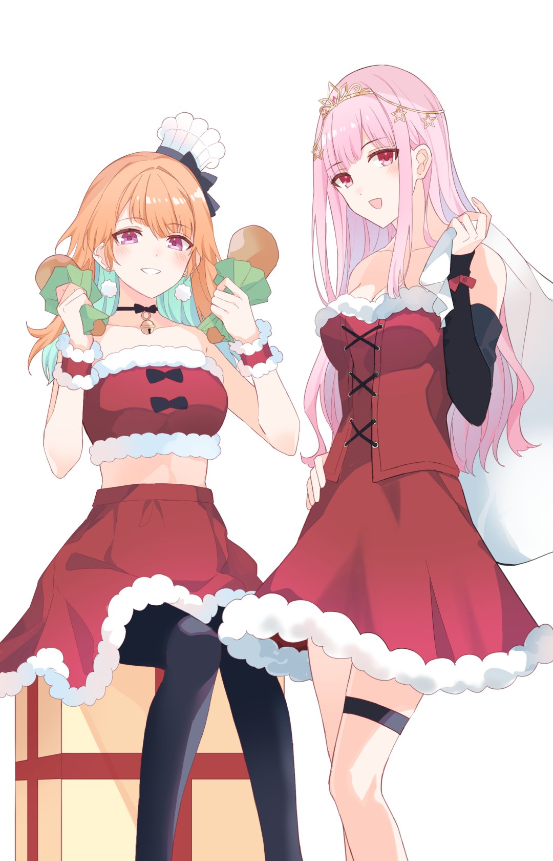 bangs, blunt_bangs, capelet, chicken_leg, christmas, dress, earrings, feather_earrings, feathers, fur-trimmed_capelet, fur-trimmed_dress, fur_trim, gift, gradient_hair, highres, hololive, hololive_english, jewelry, long_hair, merry_christmas, mori_calliope, multicolored_hair, orange_hair, pantyhose, pink_eyes, pink_hair, red_dress, red_eyes, sae1293, santa_dress, straight_hair, strapless, strapless_dress, takanashi_kiara, violet_eyes, virtual_youtuber