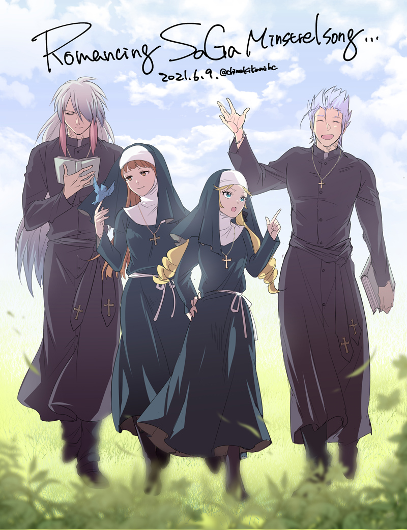 2boys, 2girls, black_dress, blonde_hair, breasts, chimaki_(impressiveanarchy), claudia_(saga), closed_mouth, cross, cross_necklace, dated, dress, full_body, gian_(saga), gray_(saga), habit, jewelry, long_hair, multiple_boys, multiple_girls, myriam_(saga), necklace, nun, open_mouth, priest, romancing_saga_minstrel_song, saga, smile