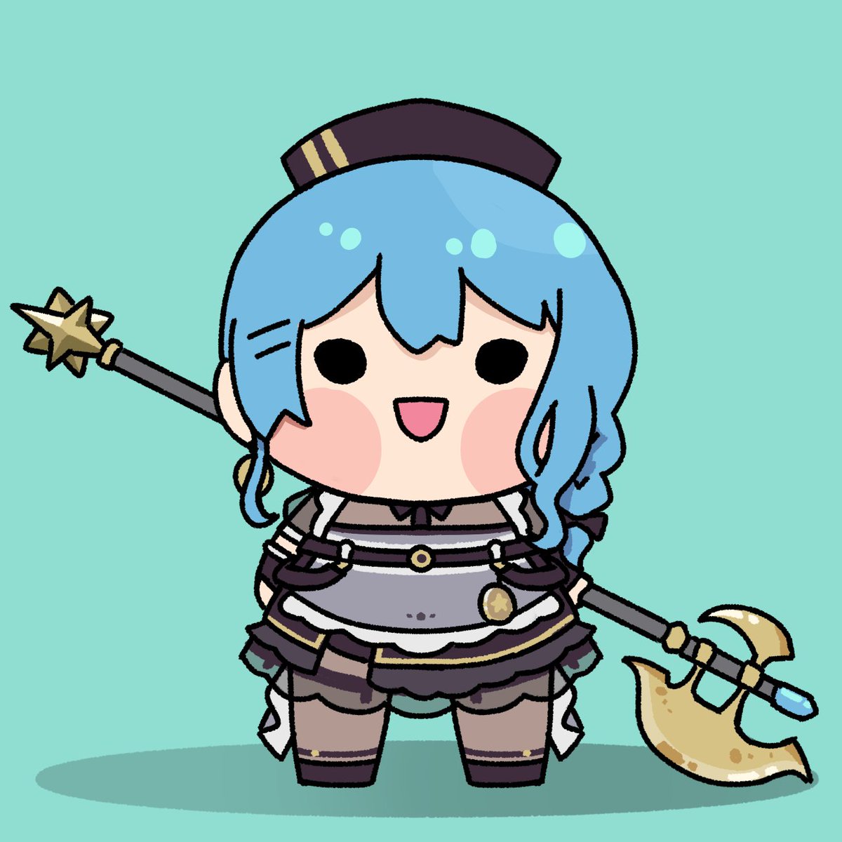 1girl, aqua_background, blue_hair, braid, chibi, highres, holding, holding_weapon