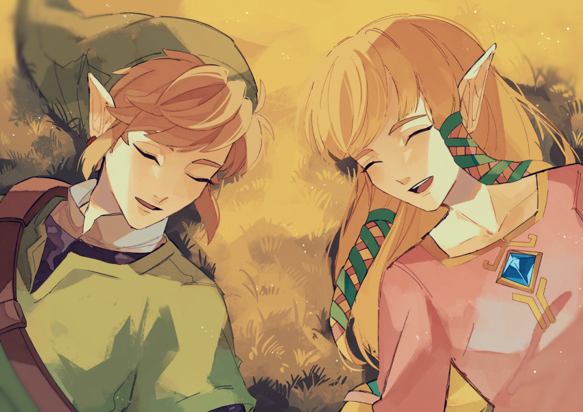 1boy, 1girl, armor, bangs, blonde_hair, chainmail, chest_jewel, closed_eyes, dress, earrings, grass, green_headwear, green_ribbon, green_tunic, hair_ribbon, highres, jewelry, link, long_hair, lying, on_back, open_mouth, outdoors, parted_lips, pink_dress, pisu_1107, pointy_ears, pointy_hat, princess_zelda, ribbon, shirt, short_hair, shoulder_belt, sidelocks, smile, swept_bangs, the_legend_of_zelda, the_legend_of_zelda:_skyward_sword, white_shirt