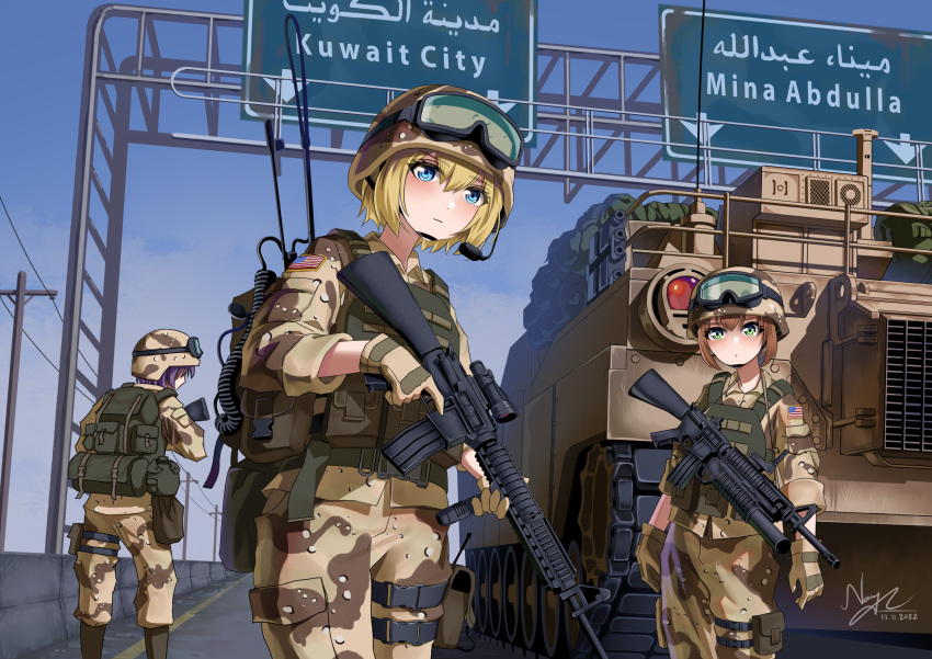 1other, 2022, 2girls, absurdres, ambiguous_gender, american_flag, ammunition_pouch, arabic_text