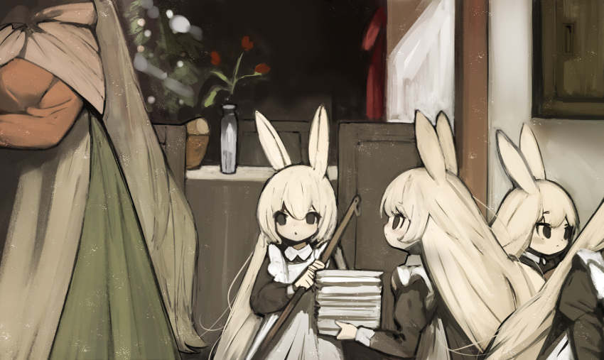 5girls, animal_ears, apron, bangs, black_eyes, broom, child, collared_dress