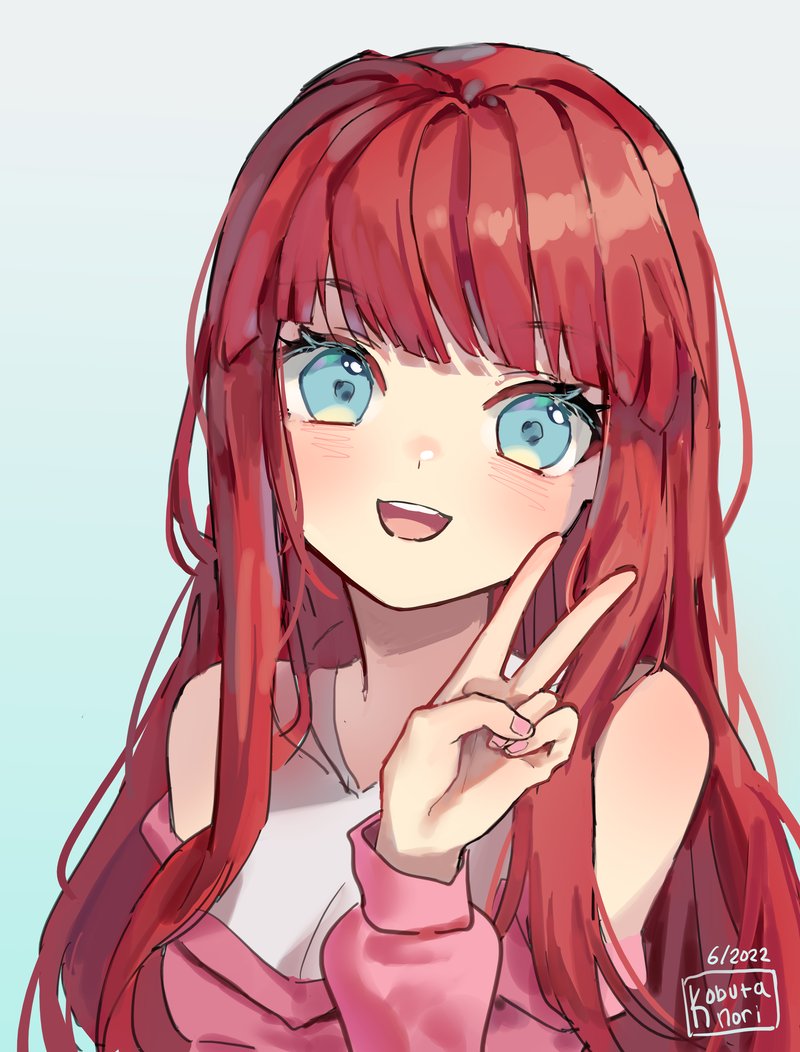 1girl, :d, bangs, bare_shoulders, blue_background, blue_eyes, blush, commentary, dated, english_commentary, gradient, gradient_background, jacket, kobutanori, long_hair, long_sleeves, looking_at_viewer, nail_polish, off-shoulder_jacket, off_shoulder, pink_jacket, pink_nails, puffy_long_sleeves, puffy_sleeves, redhead, shirt, signature, sleeveless, sleeveless_shirt, smile, solo, upper_body, v, very_long_hair, white_shirt