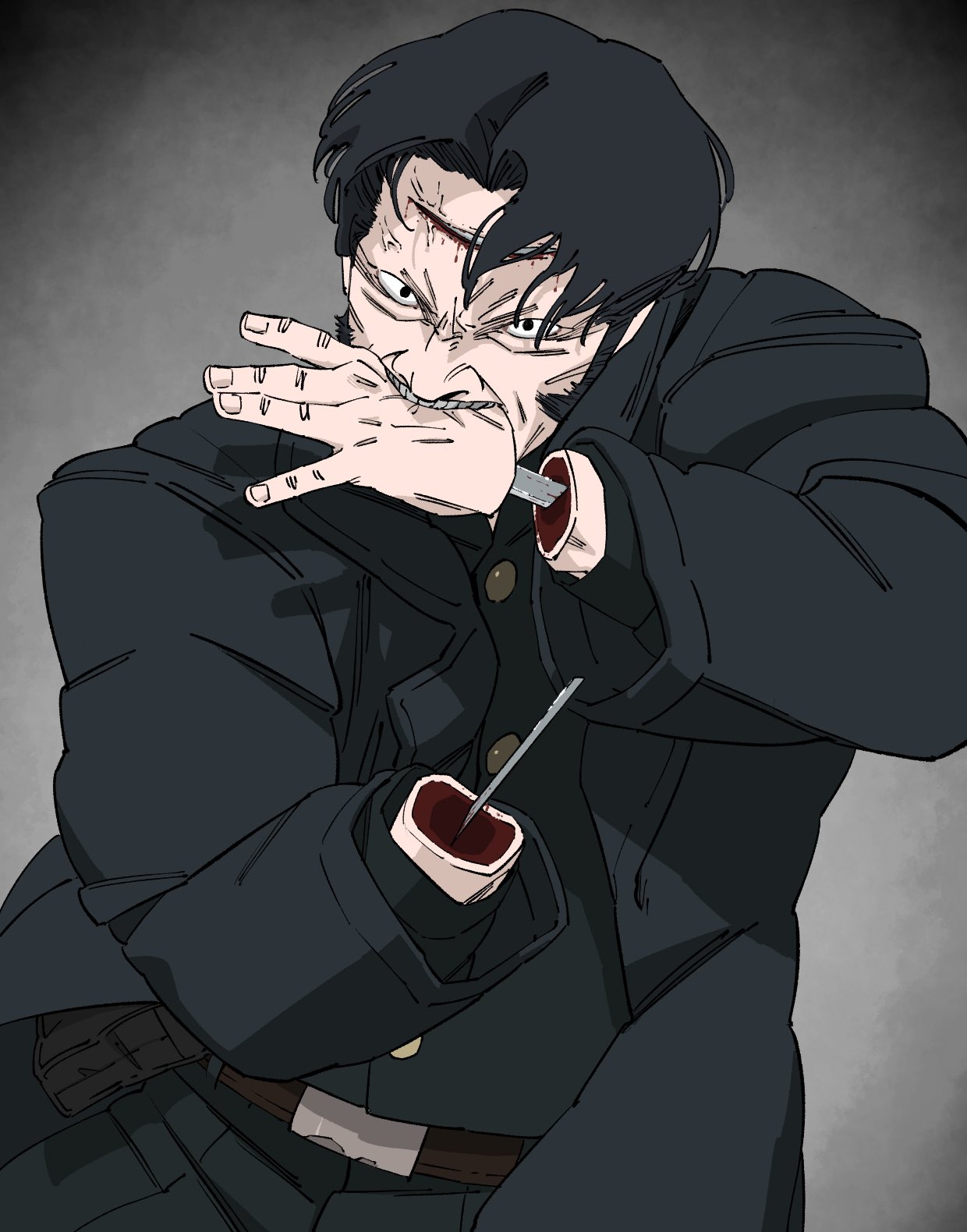 1boy, biting_hand, black_coat, black_hair, black_shirt, chainsaw_man, coat, grey_background