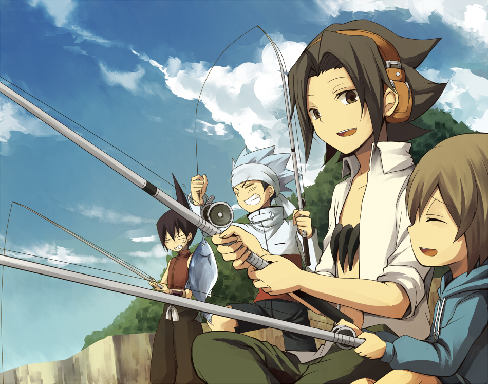 4boys, aki-t, asakura_you, black_hair, black_shorts, blue_hair, brown_eyes, brown_hair
