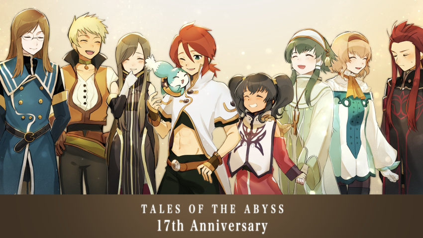 3girls, 5boys, abs, absurdres, anise_tatlin, anniversary, asch_(tales), bangs