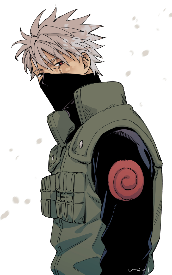 1boy, black_eyes, black_mask, black_shirt, breast_pocket, green_vest, hatake_kakashi, heterochromia