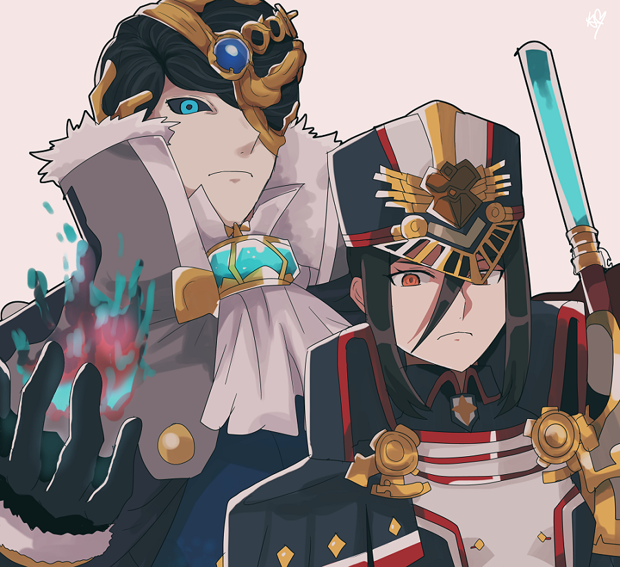 1boy, 1girl, bangs, black_coat, black_gloves, black_hair, black_sclera, blue_eyes, brown_hair, closed_mouth, coat, colored_sclera, dagas_(xenoblade), gloves, grey_background, hat, long_sleeves, looking_at_viewer, military, military_hat, military_uniform, morag_ladair_(xenoblade), rem_(eyes_410), simple_background, uniform, upper_body, xenoblade_chronicles_(series), xenoblade_chronicles_2