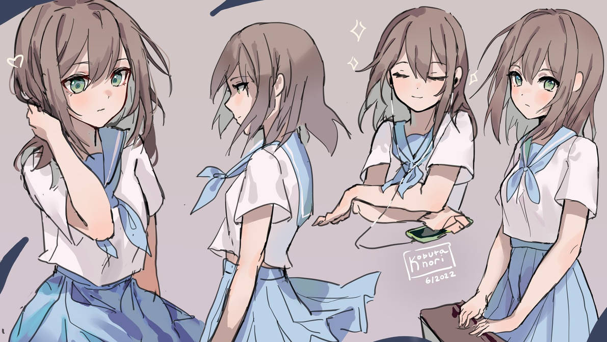 1girl, bangs, blue_neckerchief, blue_sailor_collar, blue_skirt, blush, breasts, brown_hair, cellphone, closed_eyes, closed_mouth, commentary, dated, english_commentary, green_eyes, grey_background, hair_between_eyes, heart, holding, holding_phone, kobutanori, multiple_views, neckerchief, original, phone, pleated_skirt, profile, sailor_collar, shirt, short_sleeves, signature, simple_background, sketch, skirt, small_breasts, smile, sparkle, white_shirt
