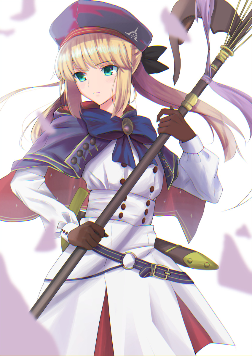 1girl, absurdres, artoria_caster_(fate), artoria_pendragon_(fate), belt, black_gloves, blonde_hair, blue_eyes, cloak, fate/grand_order, fate_(series), gloves, green_eyes, hat, highres, holding, holding_staff, holding_weapon, koujiro_(kouziro_1), long_hair, looking_to_the_side, petals, simple_background, solo, staff, standing, sword, twintails, weapon, white_background