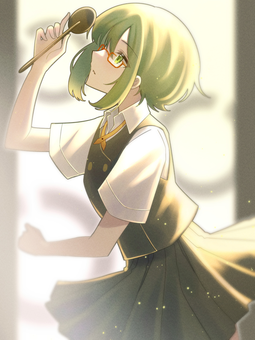 1girl, absurdres, arm_up, bangs, blurry, blurry_background, buttons, collared_shirt