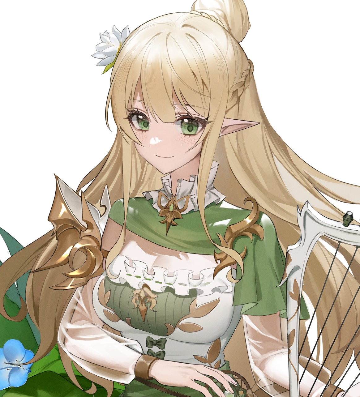 1girl, blonde_hair, blue_flower, braid, capelet, chap_yun, commentary, detached_sleeves