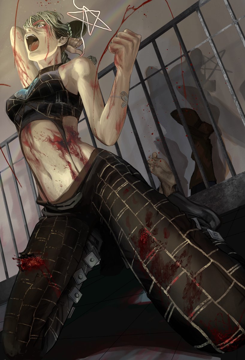1girl, arm_tattoo, bare_shoulders, black_hair, black_pants, black_shirt, blood, blood_on_clothes, blood_on_face, blood_on_leg, double_bun, green_hair, hair_bun, highres, injury, jojo_no_kimyou_na_bouken, kujo_jolyne, multicolored_hair, pants, shirt, sleeveless, sleeveless_shirt, snr_snr, solo, stone_ocean, string, tattoo