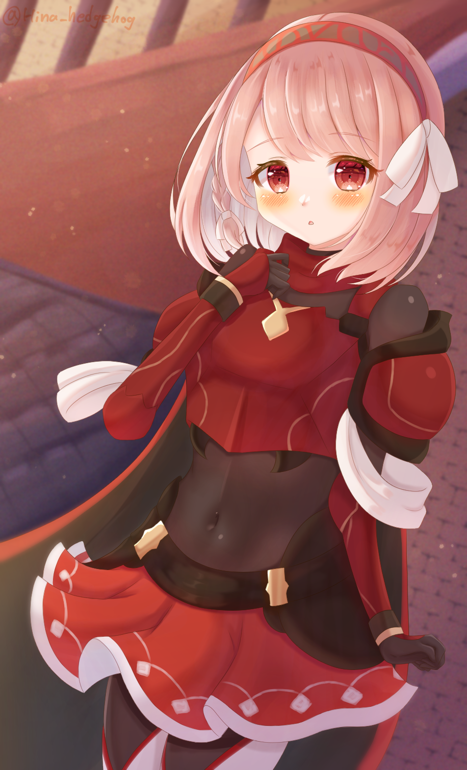 1girl, :o, arm_at_side, armor, bangs, black_bodysuit, black_cape, black_gloves