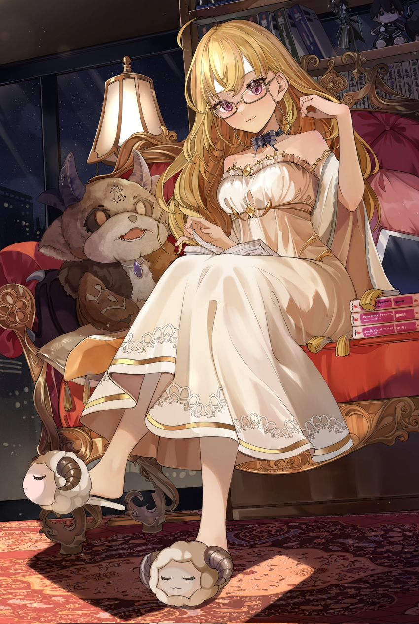 1girl, :3, ahoge, animal_slippers, bangs, bare_shoulders, blonde_hair, book