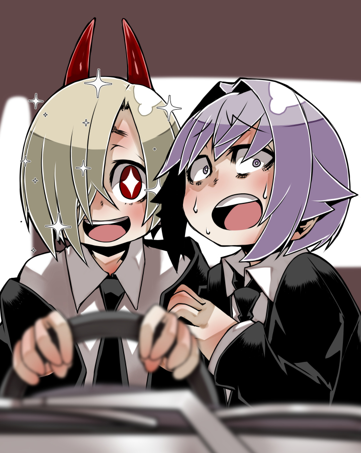 +_+, 2girls, :o, ayame_(0419), black_necktie, black_suit, blurry, blurry_foreground