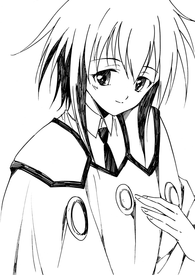 1990s_(style), 1girl, agahari, closed_mouth, long_hair, looking_at_viewer, melfina_(outlaw_star), monochrome