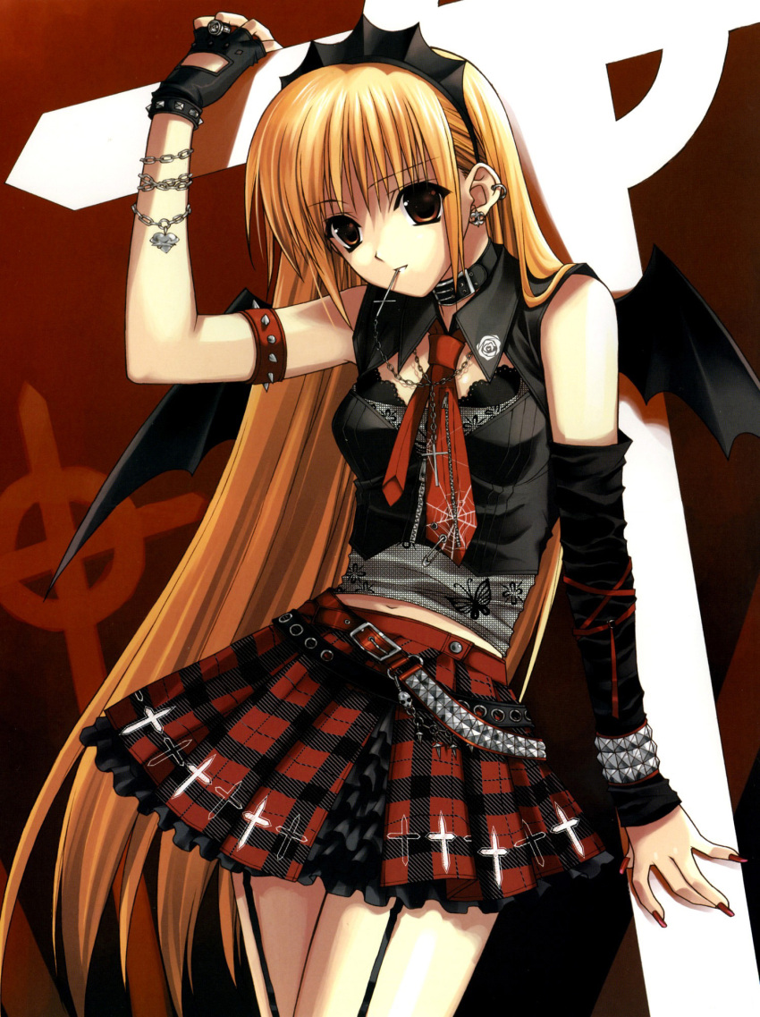 absurdres, bat_wings, blonde_hair, brown_eyes, carrying, chains, choker, cross, earrings, fingerless_elbow_gloves, fingerless_gloves, frills, gothic, heart-work, legs, legs_together, miniskirt, nail_polish, navel, necktie, plaid, punk, ring, safety_pin, short_skirt, spider_web, studded_belt, studded_bracelet, suzuhira_hiro, very_long_hair