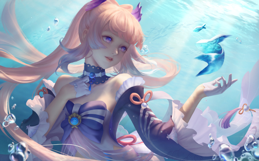 absurdres, bangs, blue_hair, blue_horns, blunt_bangs, bow-shaped_hair, breasts, brooch