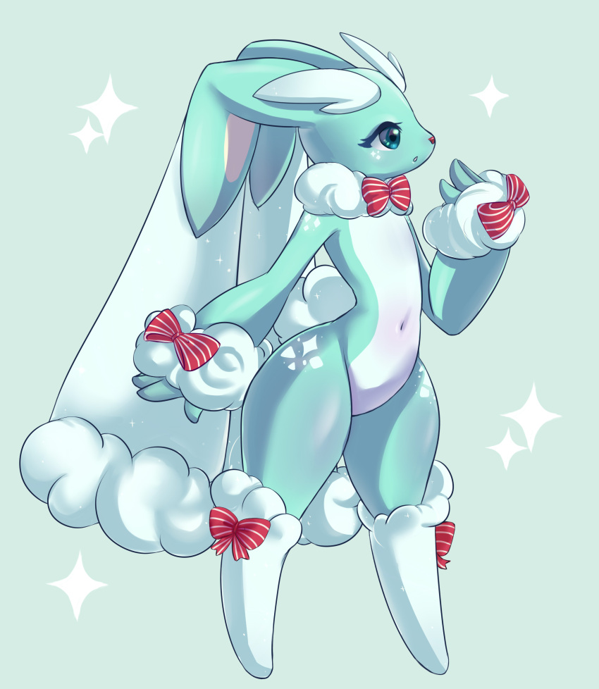 1girl, absurdres, alternate_color, alternate_shiny_pokemon, animal_ears, animal_nose, aqua_background, aqua_eyes, aqua_fur, aqua_theme, berry_(berrycreme), blue_fur, body_fur, bow, bowtie, commentary, english_commentary, full_body, fur_collar, furry, furry_female, hand_up, highres, looking_to_the_side, lopunny, navel, open_mouth, pokemon, pokemon_(creature), rabbit_ears, rabbit_girl, rabbit_tail, red_bow, red_bowtie, sideways_mouth, simple_background, snout, solo, sparkle, standing, stomach, striped, striped_bow, striped_bowtie, tail, thick_thighs, thighs, traditional_bowtie, two-tone_fur, wide_hips