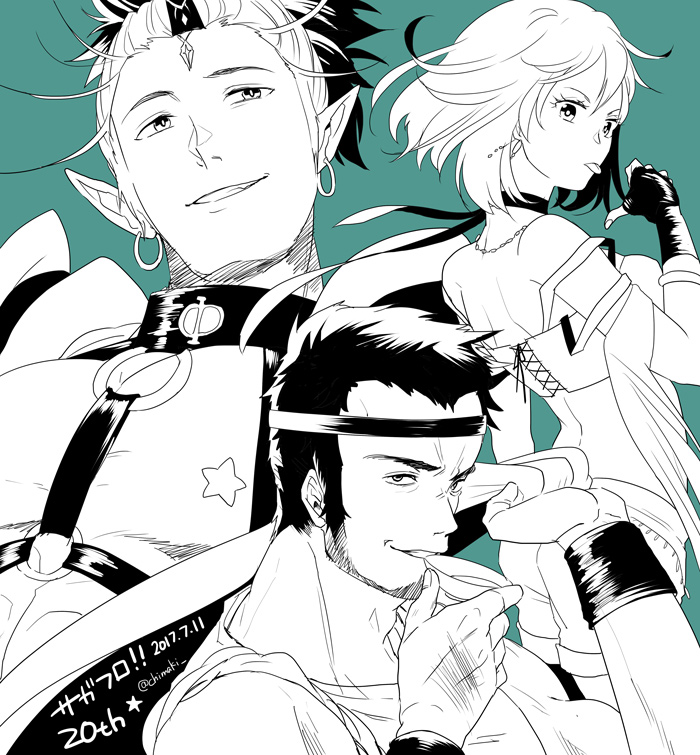 1girl, 2boys, annie_(saga_frontier), chimaki_(impressiveanarchy), dated, earrings, fingerless_gloves, gen_(saga)