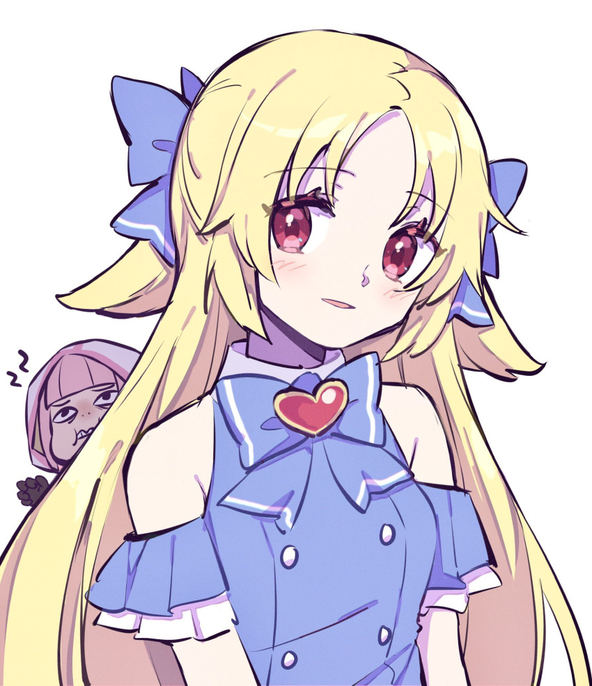 2girls, bangs, black_gloves, blonde_hair, blue_bow, blue_bowtie, blue_shirt, blunt_bangs, blush, bow, bowtie, buttons, clothing_cutout, collared_shirt, degarashi_mana, frilled_sleeves, frills, gjcgbvc, gloves, hair_bow, half_updo, highres, hood, hood_up, long_hair, magia_record:_mahou_shoujo_madoka_magica_gaiden, mahou_shoujo_madoka_magica, multiple_girls, papa_(shimeguru)_(style), parted_bangs, pink_hair, red_eyes, shirt, short_sleeves, shoulder_cutout, sidelocks, simple_background, tamaki_iroha, upper_body, very_long_hair, white_background, white_hood