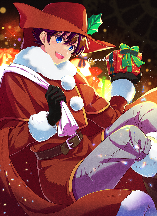 1boy, bag, belt, belt_buckle, black_gloves, blue_eyes, boots, box
