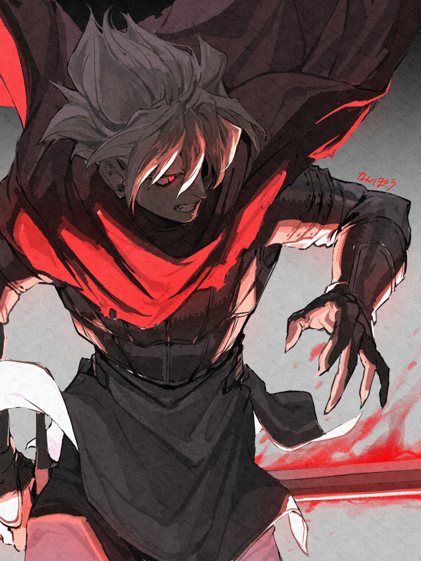 1boy, armor, artist_name, blonde_hair, clenched_teeth, cloak, cowboy_shot, demon_king_odio