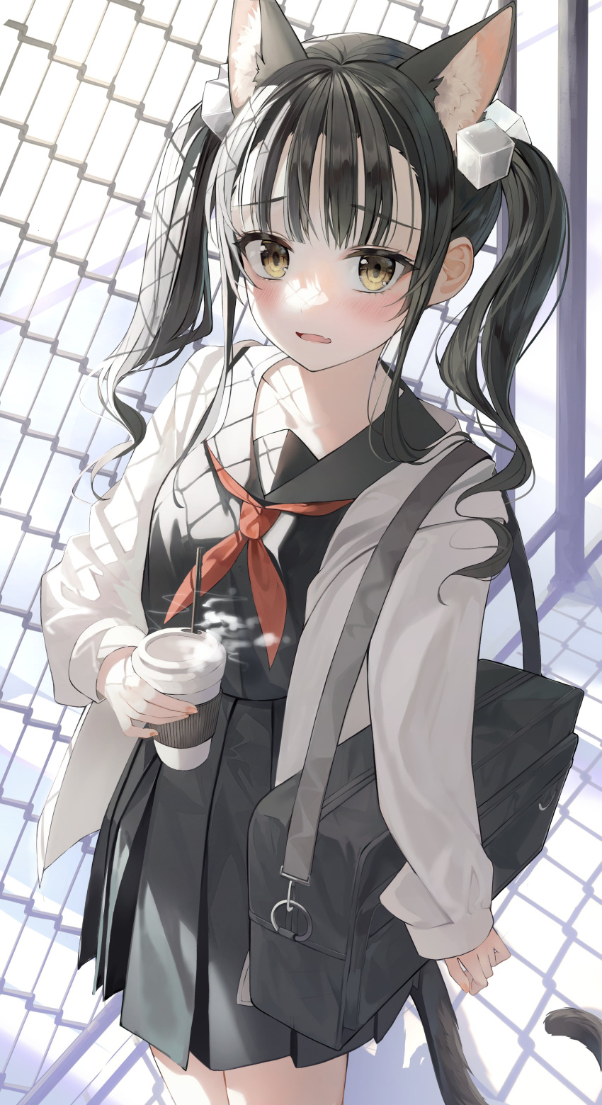 1girl, absurdres, animal_ears_(norankkori), bag, black_hair, black_serafuku, black_skirt, blush