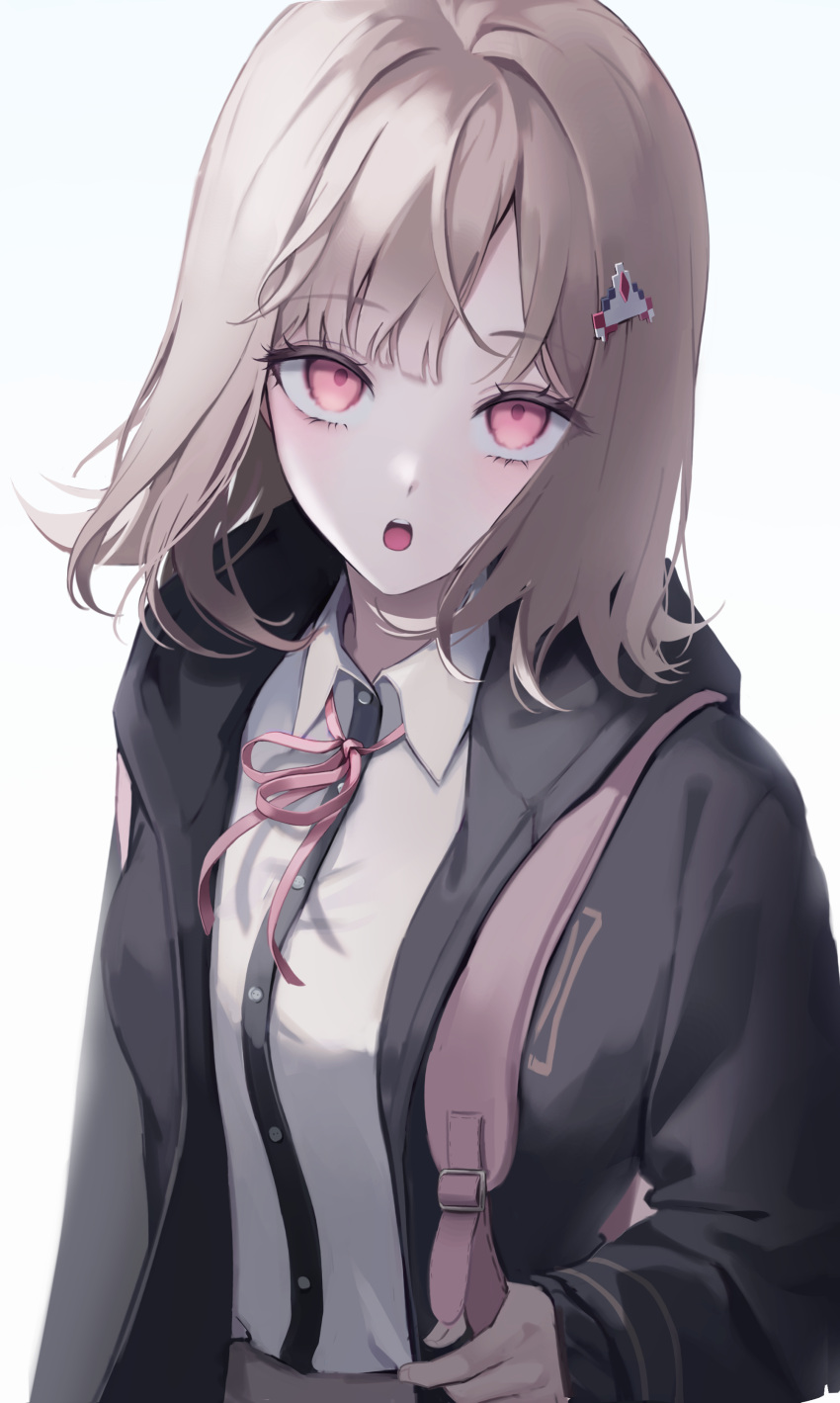 1girl, absurdres, bangs, bbony_0_0, black_shirt, breasts, brown_hair, collared_shirt