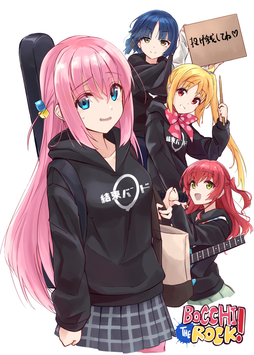 4girls, bag, black_jacket, blonde_hair, blue_eyes, blue_hair, blush, bocchi_the_rock!