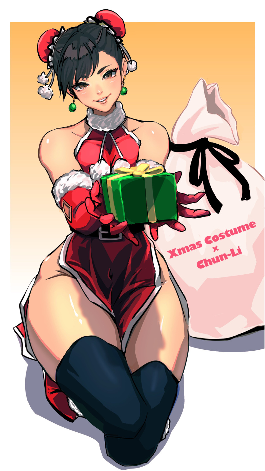 1girl, absurdres, adapted_costume, alternate_legwear, ap_cammy, bare_legs, belt, black_belt, black_hair, black_thighhighs, box, brown_eyes, bun_cover, china_dress, chinese_clothes, christmas, chun-li, commentary_request, double_bun, dress, earrings, elbow_gloves, full_body, fur_trim, gift, gift_box, gloves, hair_bun, halter_dress, halterneck, highres, holding, holding_gift, jewelry, kneeling, long_dress, looking_at_viewer, one_knee, pelvic_curtain, red_dress, red_footwear, red_gloves, sack, short_hair, solo, street_fighter, thick_thighs, thigh-highs, thighs