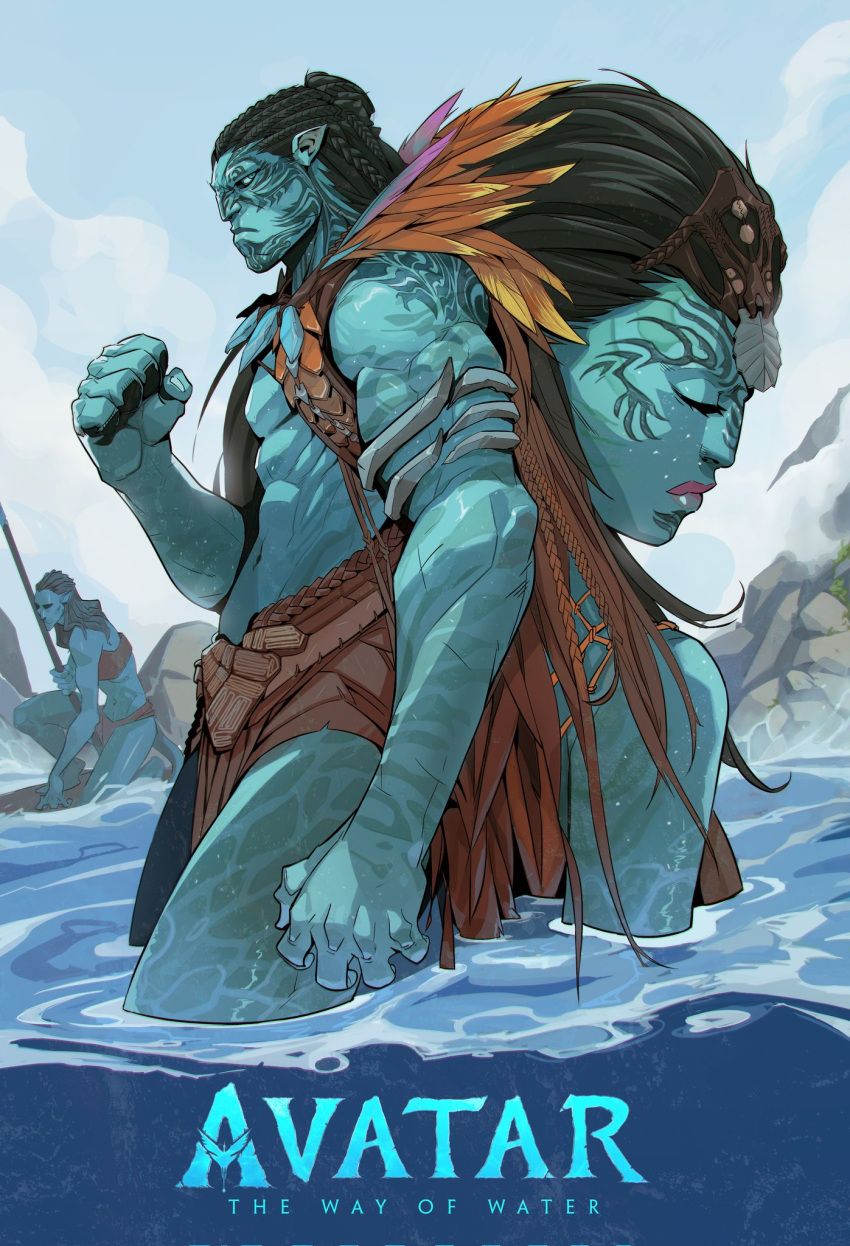 1boy, 2girls, alien, armlet, avatar, avatar:_the_way_of_water, black_hair, blue_eyes