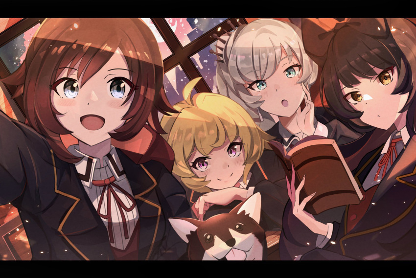 4girls, :d, :o, ahoge, black_border, black_hair, black_jacket, blake_belladonna
