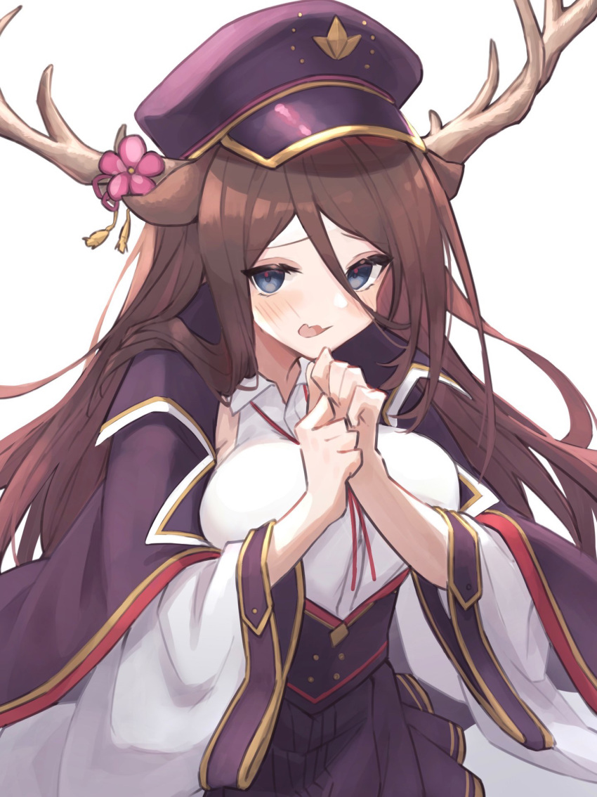 1girl, animal_ears, antler_ornament, bangs, black_ribbon, blue_eyes, breasts, clenched_hands, commentary, cowboy_shot, deer_antlers, deer_ears, deer_girl, detached_sleeves, flower, gold_trim, hair_between_eyes, hands_up, hat, highres, jacket, large_breasts, long_hair, long_sleeves, looking_at_viewer, mist_train_girls, nara_(mist_train_girls), neck_ribbon, open_clothes, open_jacket, open_mouth, peaked_cap, pink_flower, purple_headwear, purple_jacket, purple_skirt, ribbon, shirt, simple_background, skirt, sleeveless, sleeveless_shirt, solo, tassel, tomisaka_yorui, white_background, white_shirt, white_sleeves, wide_sleeves