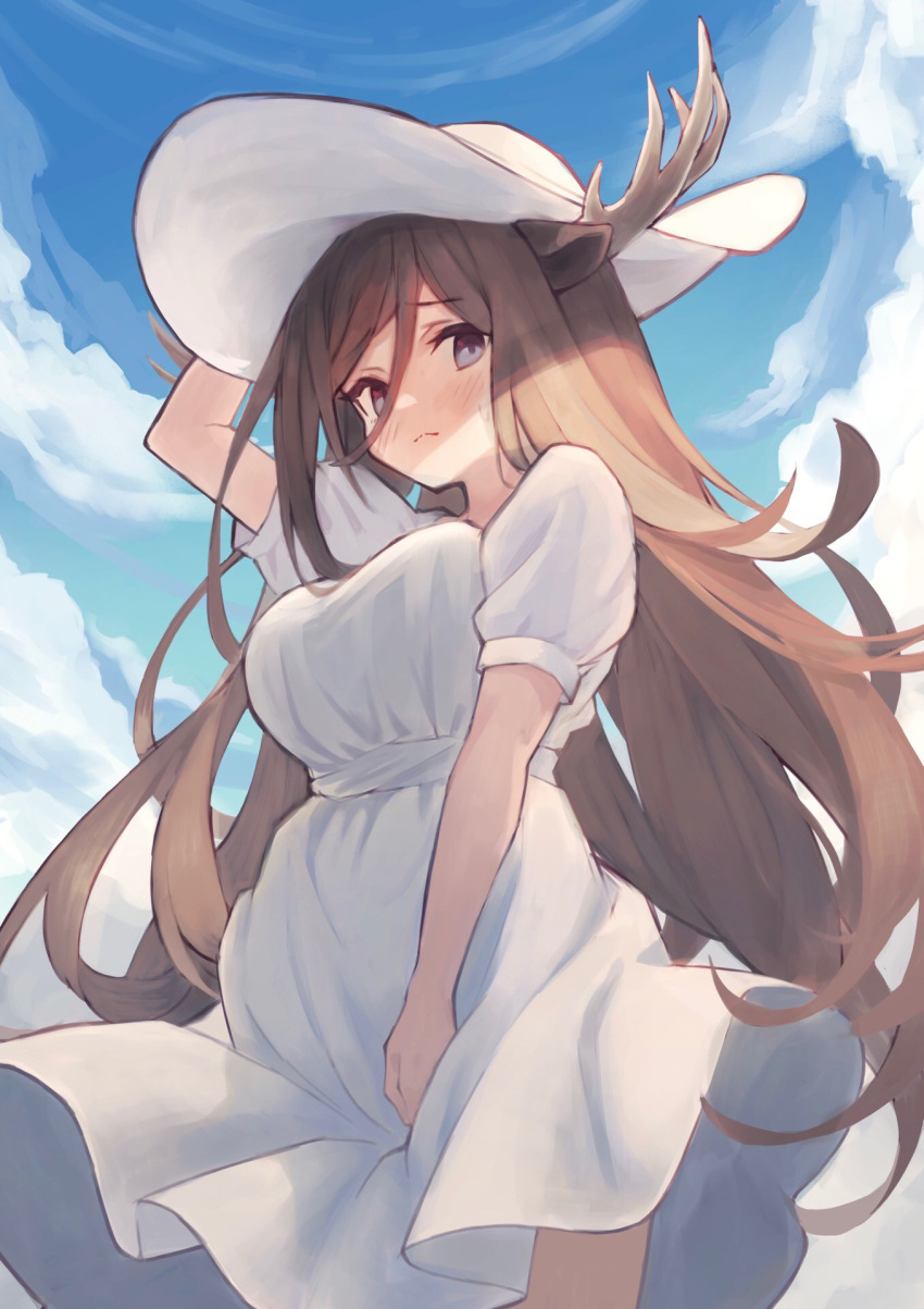 1girl, bangs, blue_eyes, blue_sky, blush, breasts, brown_hair, closed_mouth