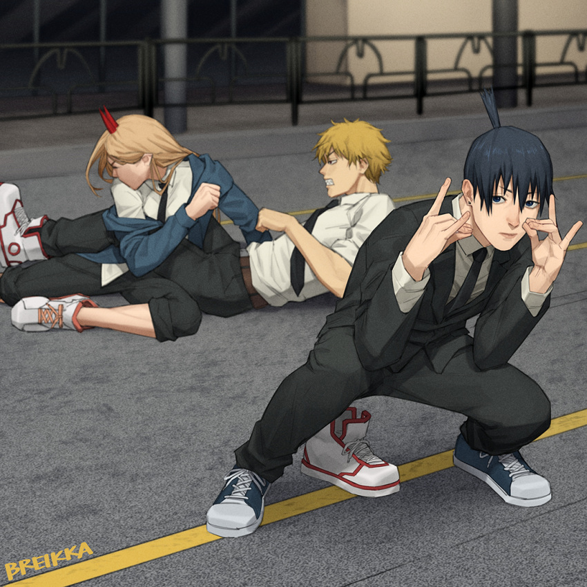 1girl, 2boys, bangs, belt, black_hair, black_jacket, black_necktie, black_pants