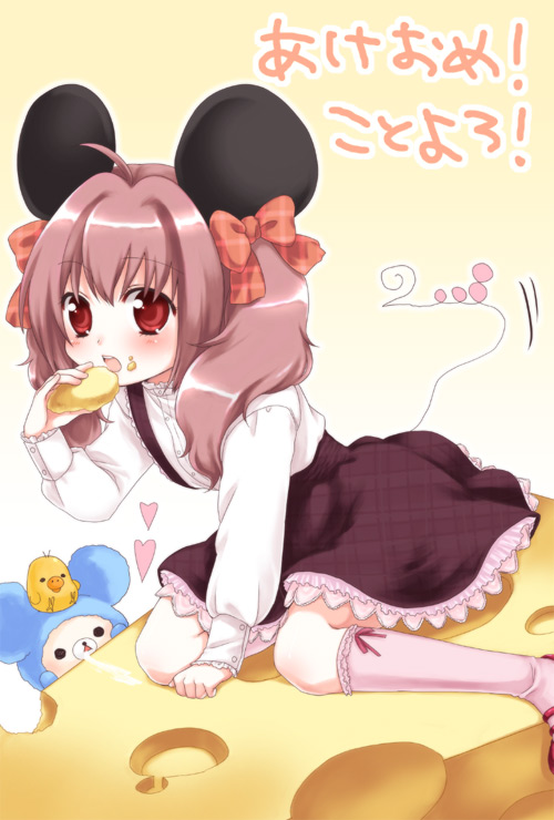 akeome, animal_ears, bow, eating, flat_chest, food, hair_ribbon, loli