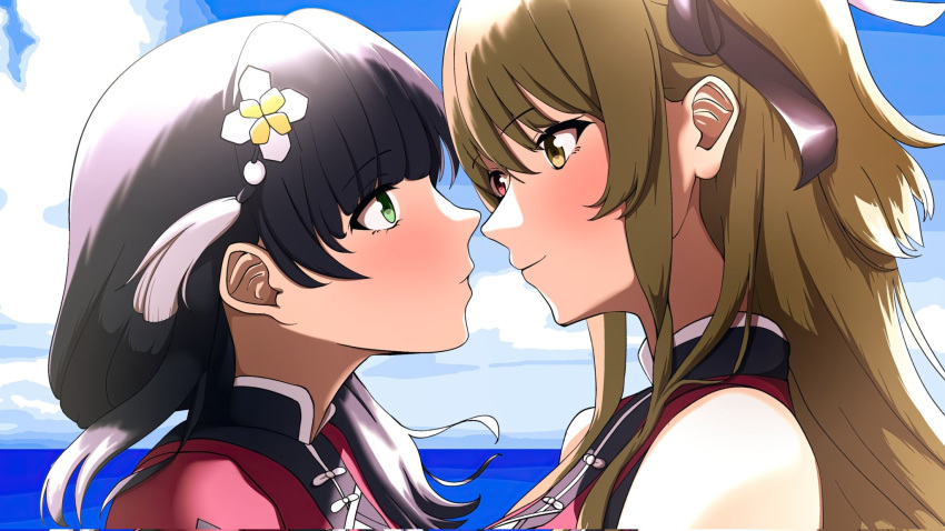 2girls, assault_lily, bangs, bare_shoulders, black_hair, black_ribbon, blue_sky, brown_hair