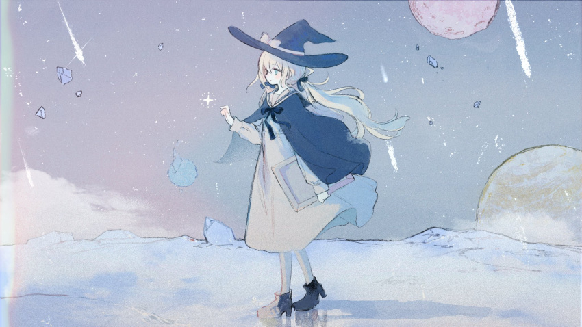 1girl, black_capelet, black_footwear, black_headwear, black_ribbon, blush, boots, bow