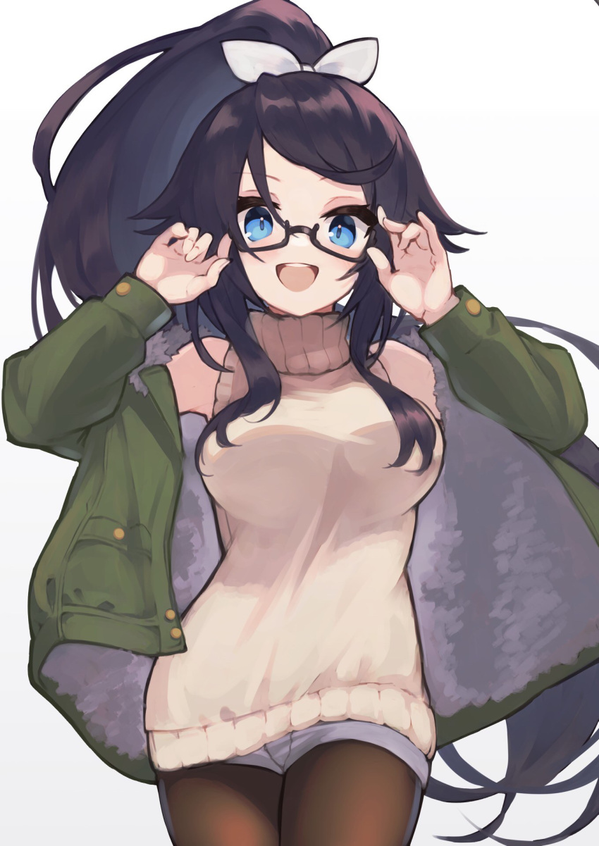 1girl, adjusting_eyewear, bangs, black-framed_eyewear, black_hair, black_pantyhose, blue_eyes, bow