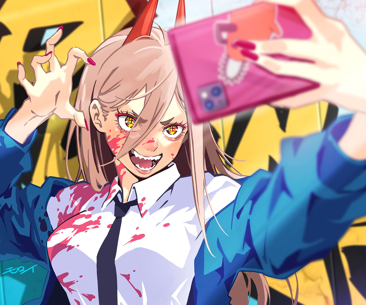 1girl, bangs, black_necktie, blonde_hair, blood, blood_on_clothes, blood_on_face, blue_jacket